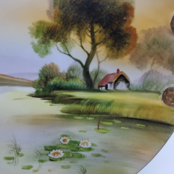 Noritake Hand Painted Porcelain Cake Plate Gilded Handled Lake Scene Platter - Picture 3 of 6